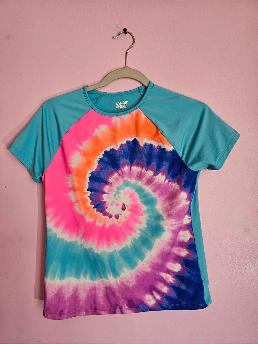 Lands' End Turquoise Tie-Dye Swim Top with Pink & Orange Swirl